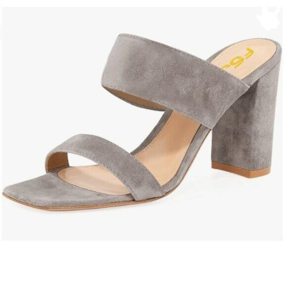 FSJ Grey Chic Open Toe Sandals Chunky Heels Mules Slip On Casual Dress Shoes - Picture 1 of 8
